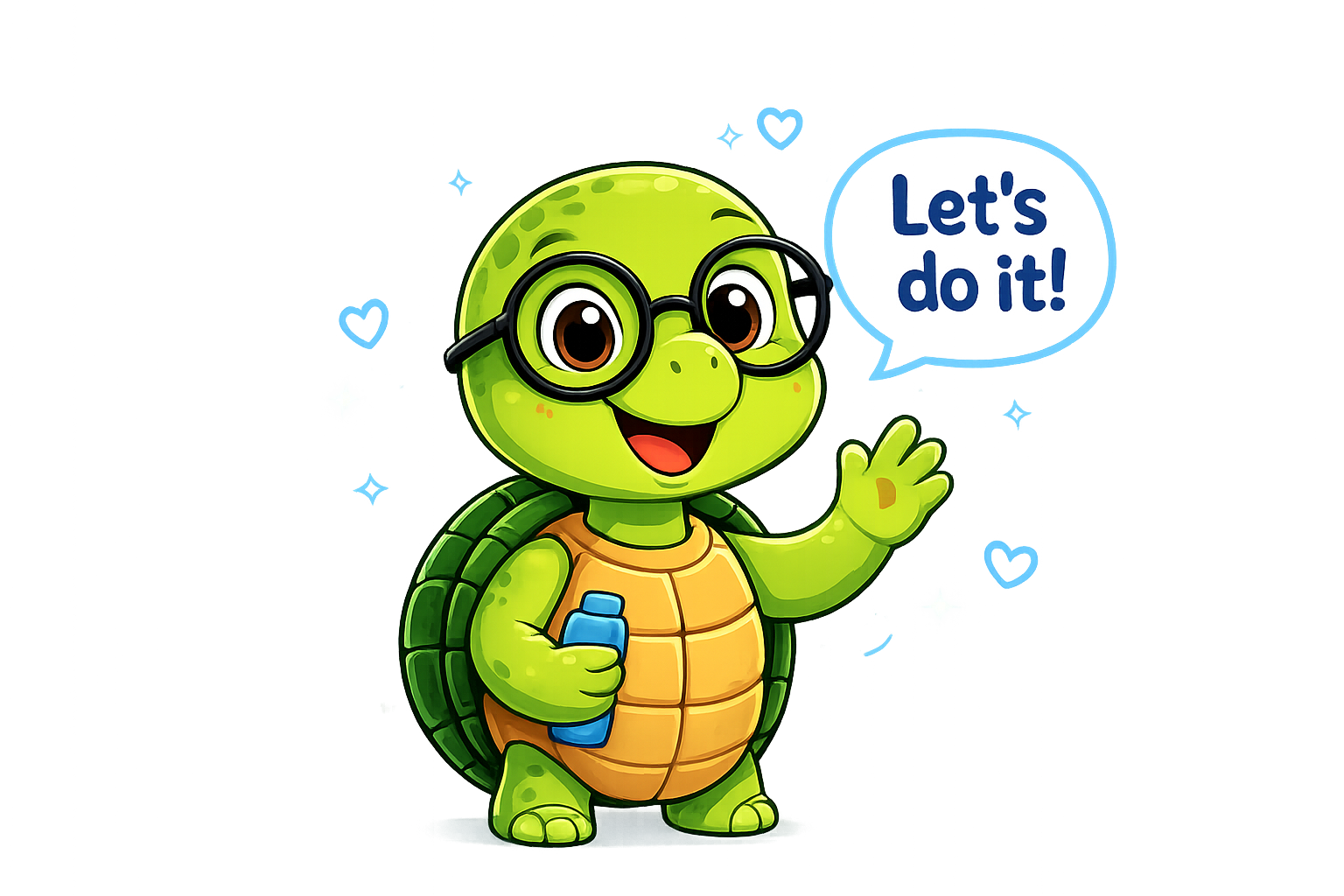 EnglishB1 turtle mascot waving, saying Let's do it!